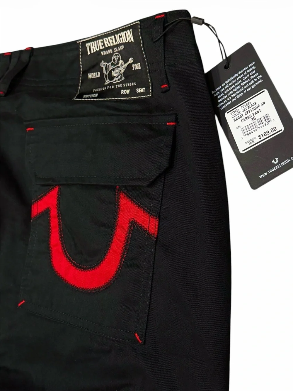 NWT True Religion Baggy Cargo Pants Black Red Horseshoe Mens Size 36